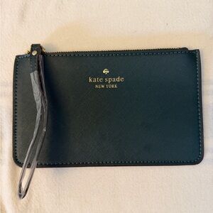 kate spade black leather wristlet with gold logo